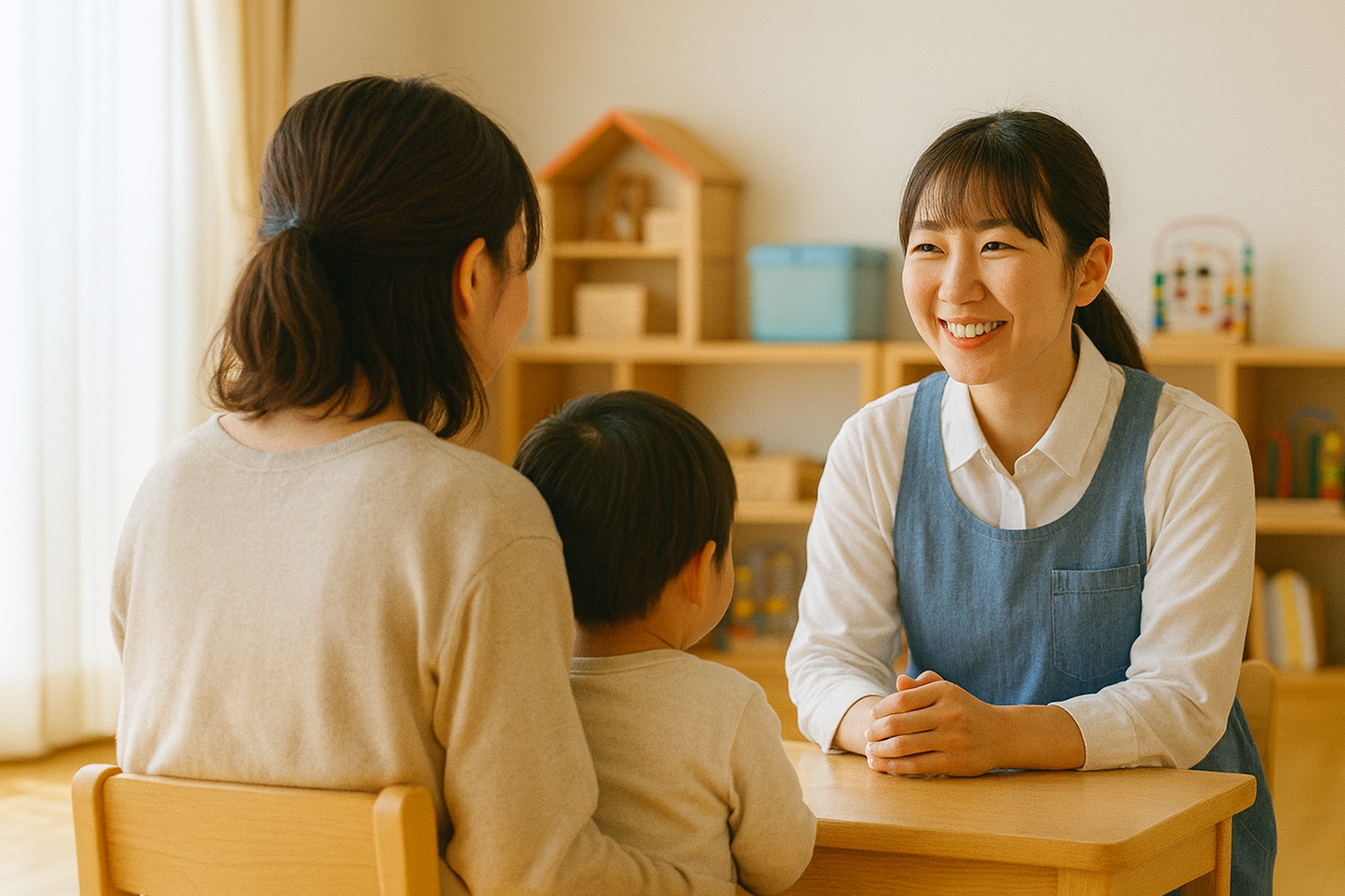 子育て支援センターで保護者が相談している親子の後ろ姿を撮影した写真。