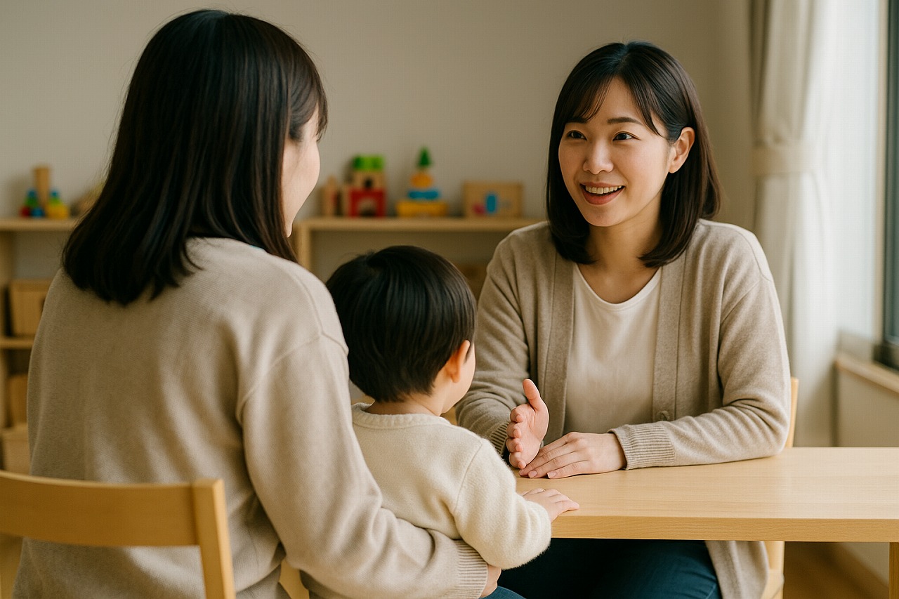 子育て支援センターで、ママがスタッフに相談している親子の後ろ姿を捉えた写真。