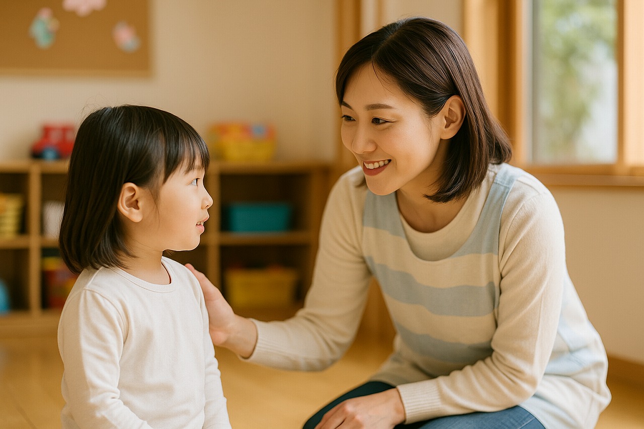 保育士が子どもに優しく声をかける場面。安心感のある穏やかな雰囲気。