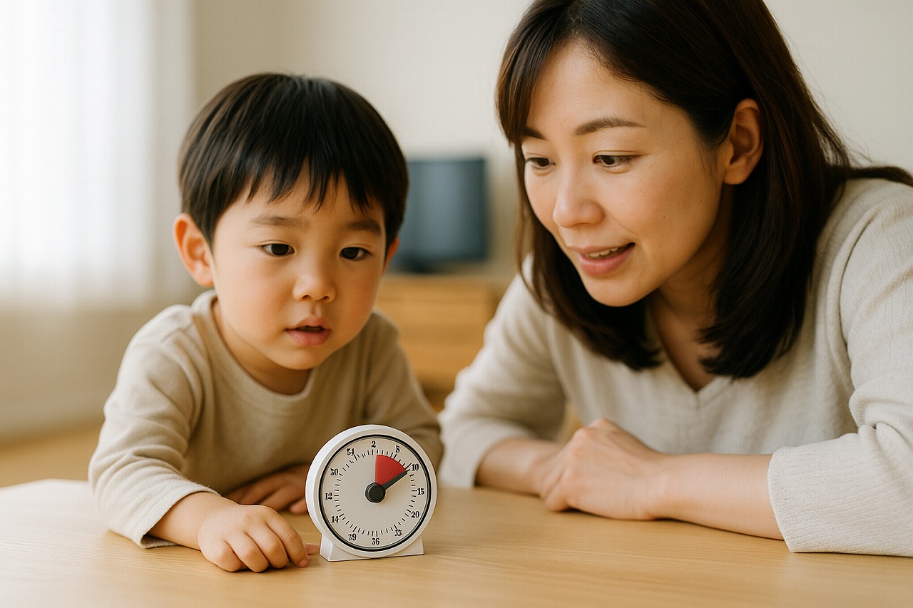 テーブルのタイマーを親子が確認しながら次の行動の見通しを話している場面の写真。