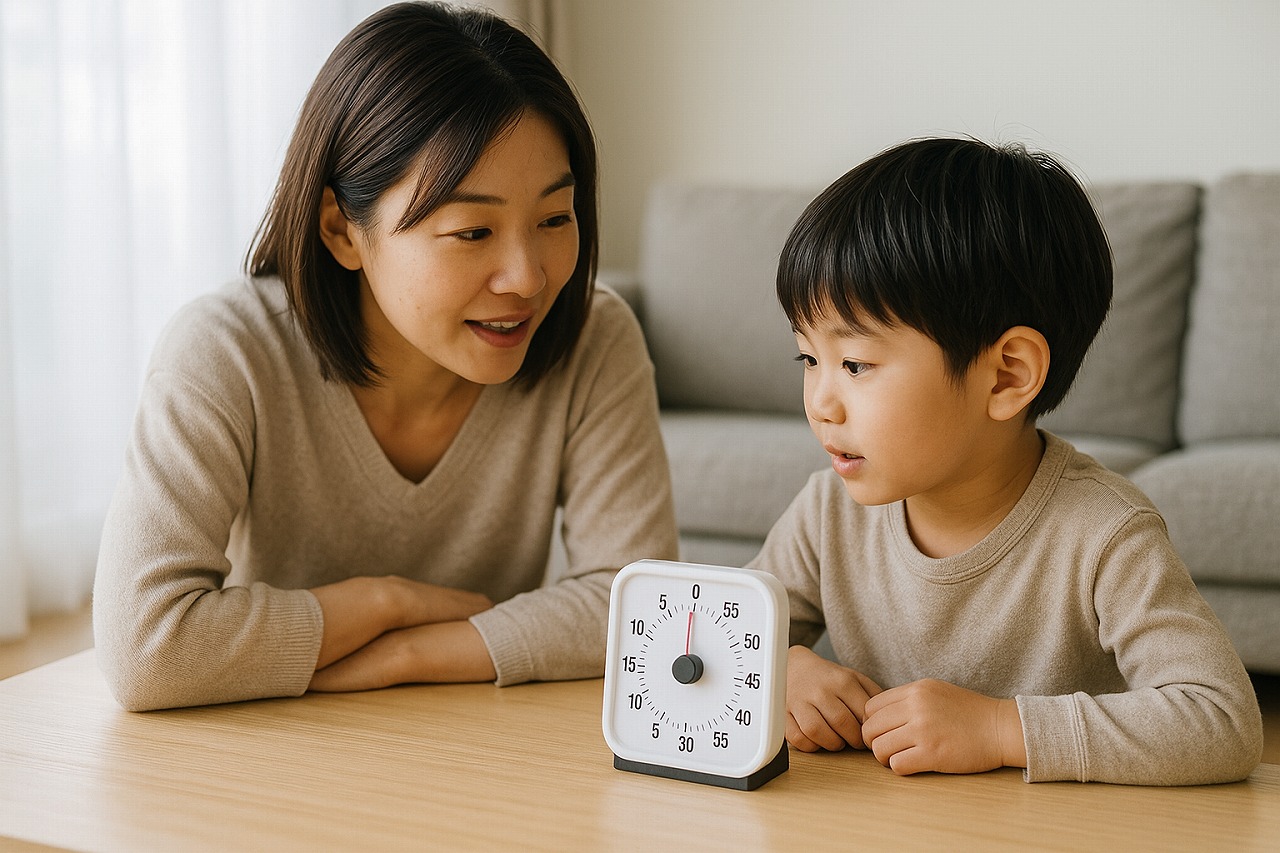 テーブルのタイマーを親子が一緒に見て、次の行動の見通しを確認している様子の写真。