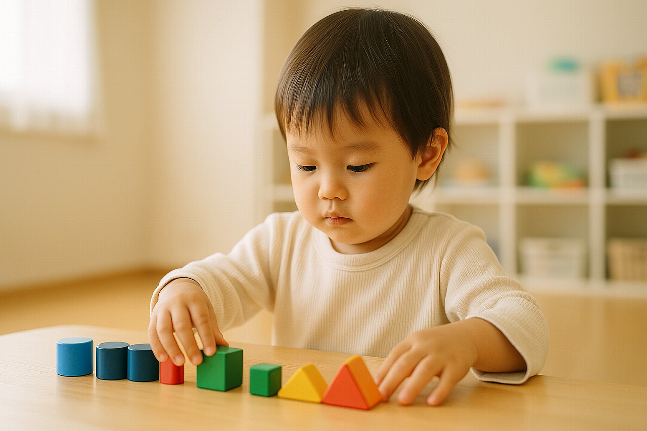 おもちゃを丁寧に並べる幼児の様子。真剣な表情が印象的な保育室の一場面。