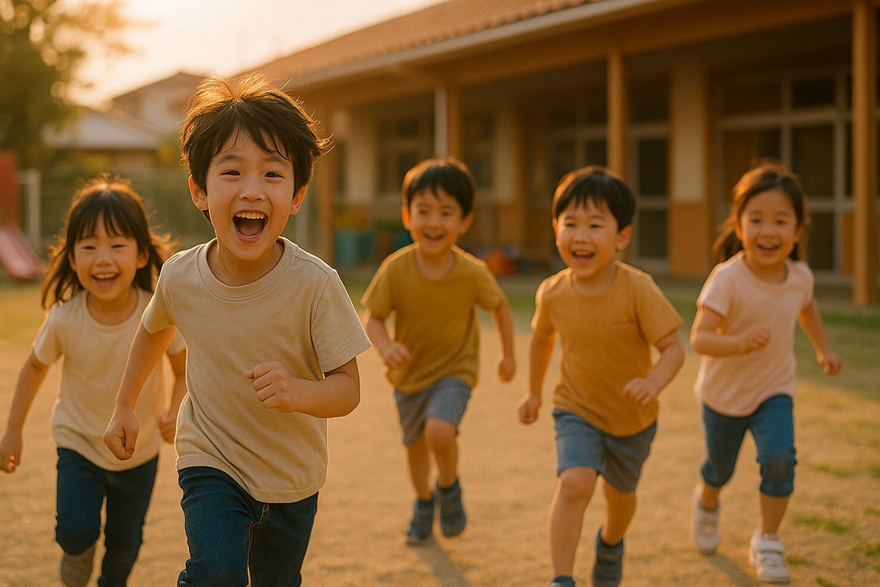 夕方の園庭で元気にかけっこを楽しむ子どもたち。笑顔が弾ける瞬間。