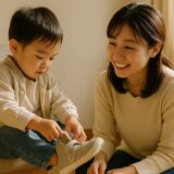 靴を履こうとする子どもを見守る母親。朝のやさしい光が差し込む家庭の一場面。