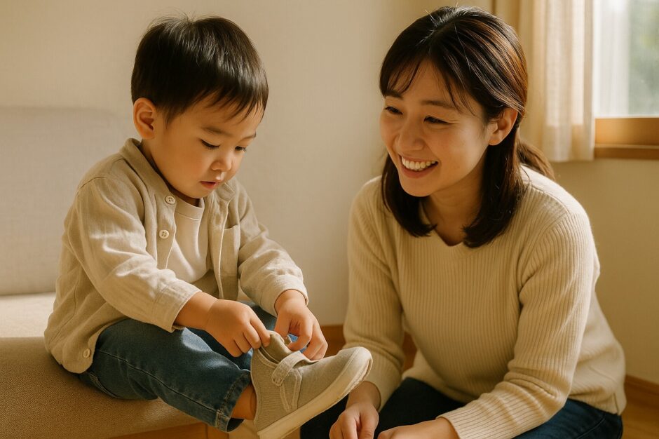 靴を履こうとする子どもを見守る母親。朝のやさしい光が差し込む家庭の一場面。