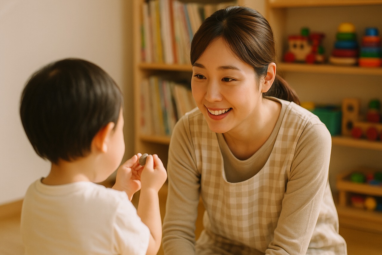 保育室で保育士が子どもの目線に合わせて寄り添い、穏やかに話を聞いている様子。安心感のある雰囲気。