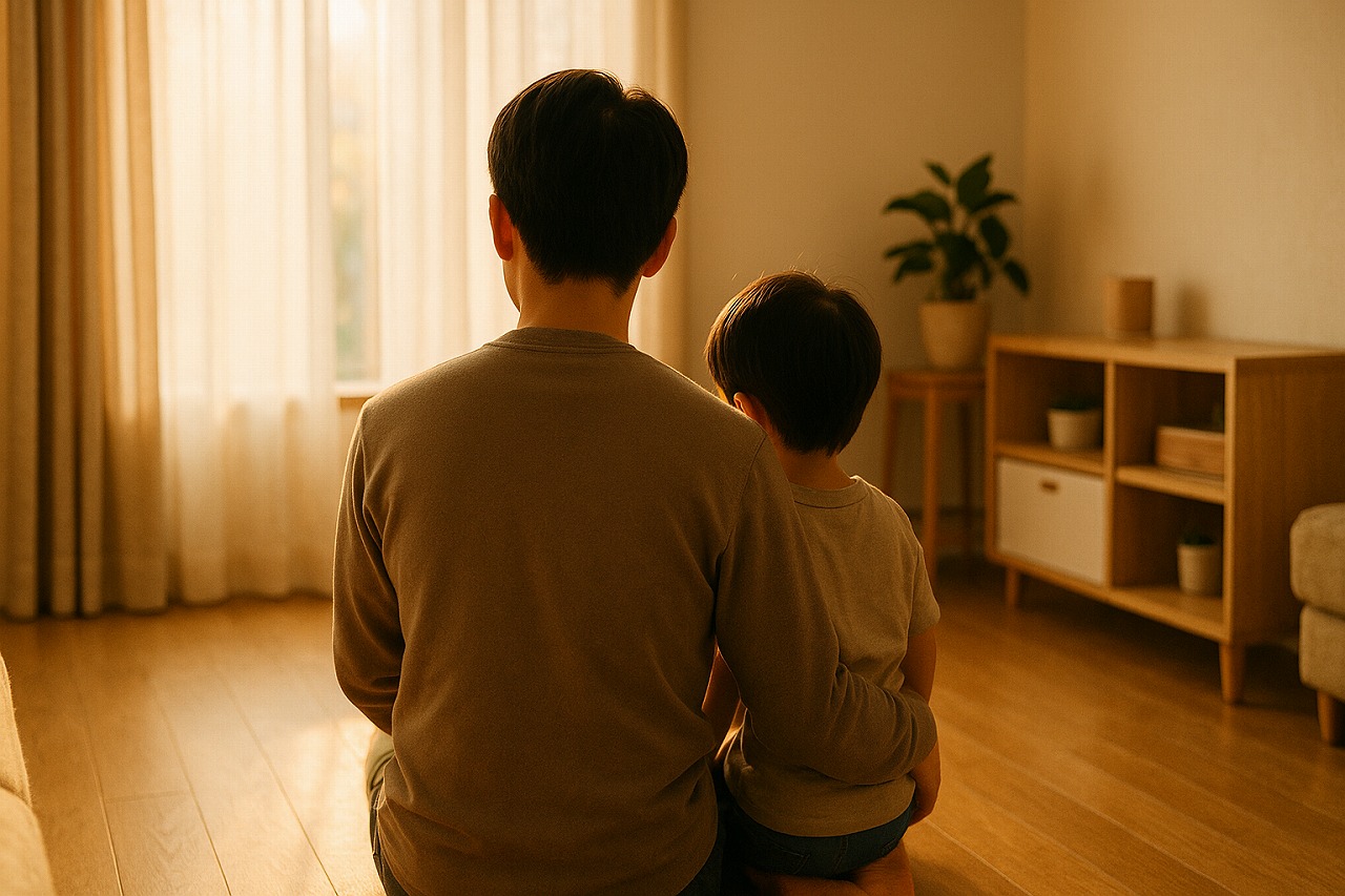 夕方のリビングで、親子が寄り添いながら穏やかな時間を過ごす様子を後ろ姿で捉えた写真。