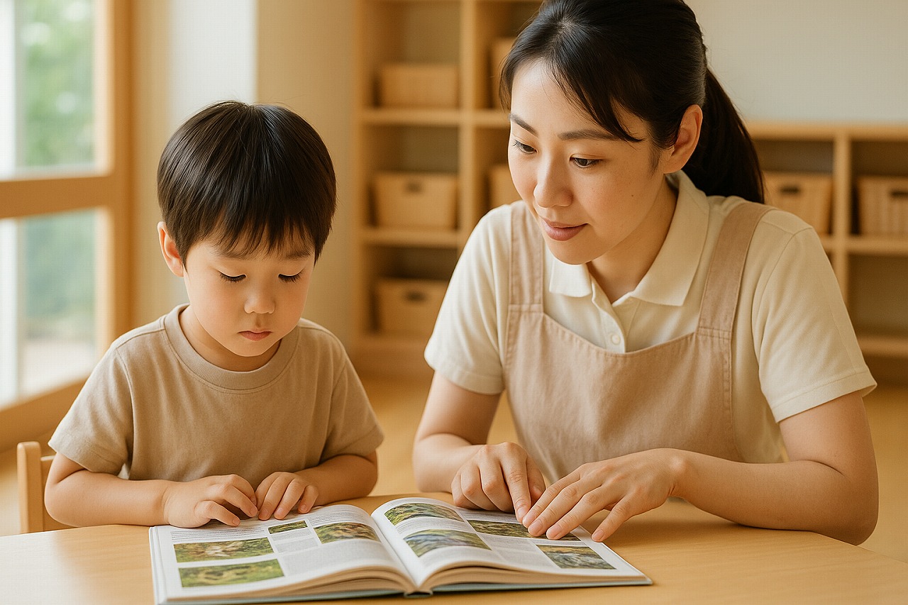 明るい保育園で、幼児と保育士が図鑑を一緒に読みながら調べ物をしている場面。穏やかで学びが広がる瞬間。