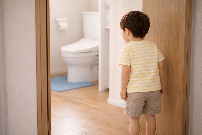 トイレの前で立ち止まり、中をのぞいて迷っている2歳の子どもの後ろ姿