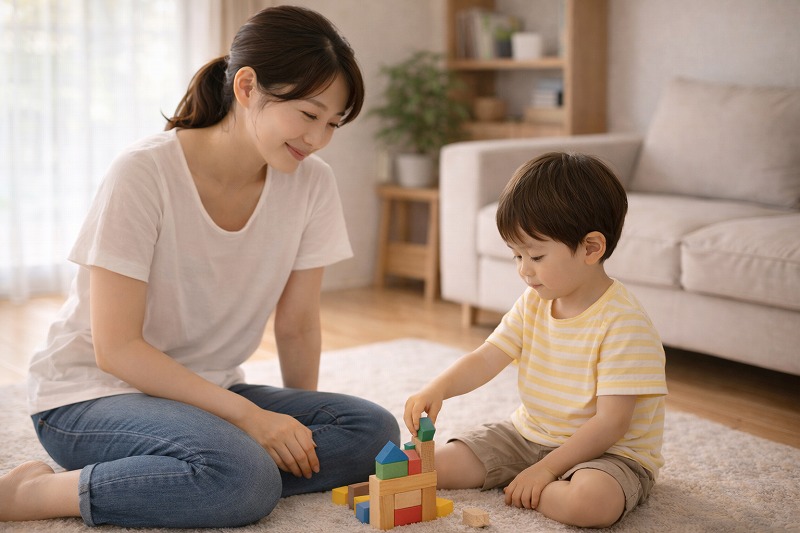 日本の家庭のリビングで、母親と2歳くらいの幼い子どもが床に並んで座っている日常シーン。 子どもはおもちゃで遊び、母親はそばで穏やかに見守っている。