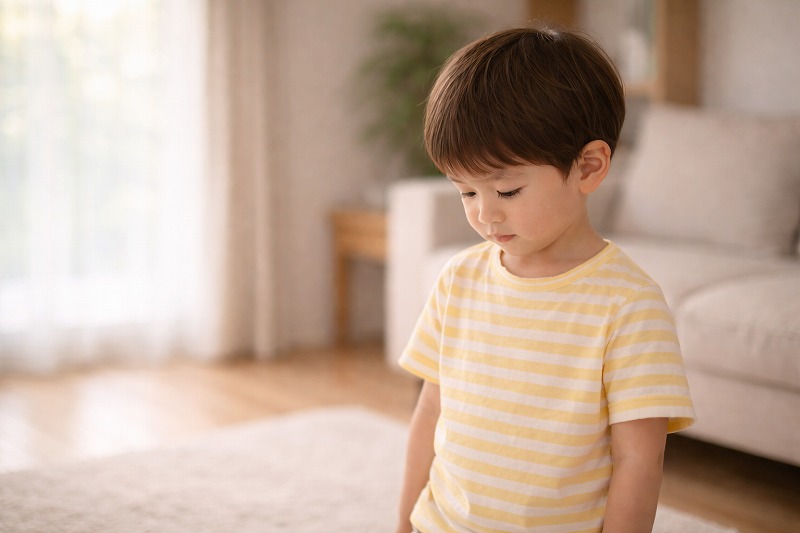 室内で、3歳くらいの子どもが少しうつむき気味に立っている様子。