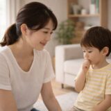 日本の家庭のリビングで、母親と3歳くらいの幼い子どもが並んで座っている日常シーン。 母親はやさしく見守る表情、子どもは少し考え込むような落ち着いた様子。