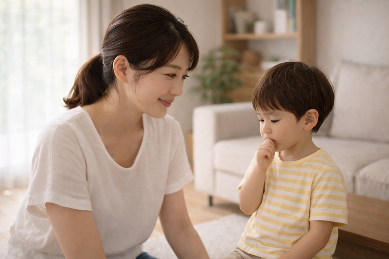 日本の家庭のリビングで、母親と3歳くらいの幼い子どもが並んで座っている日常シーン。 母親はやさしく見守る表情、子どもは少し考え込むような落ち着いた様子。