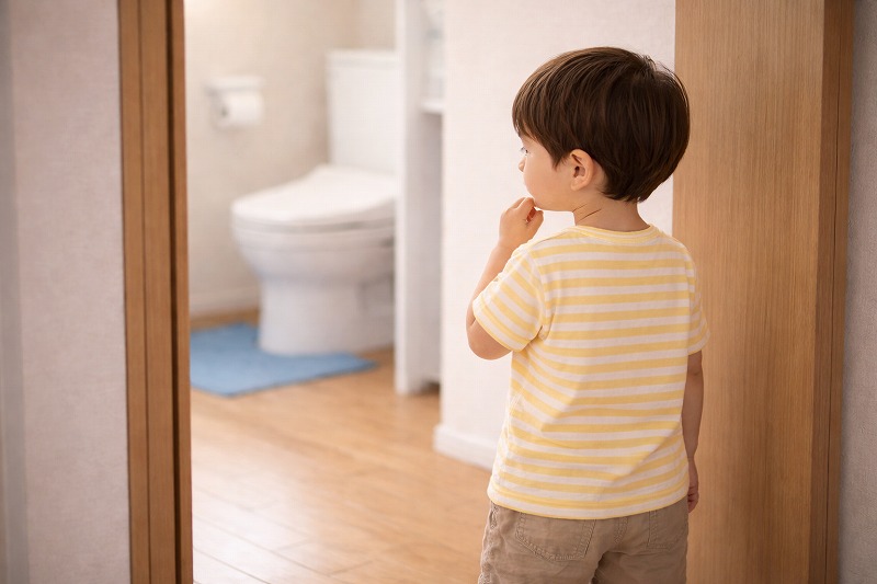 トイレの前で少し距離を取り、不安を感じている子どもの様子