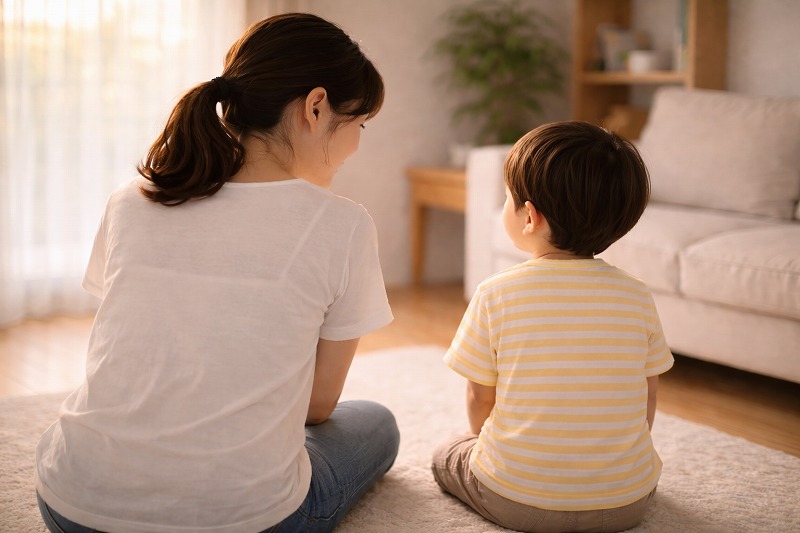 夕方の室内で並んで座り、穏やかな時間を過ごす母親と3歳の子どもの後ろ姿