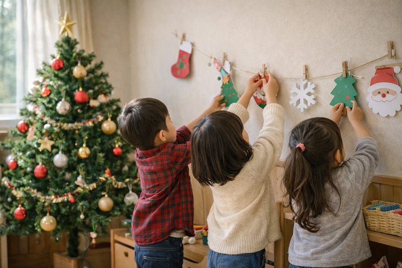 育園の保育室で、クリスマス会に向けて飾り付けをする子どもたち。