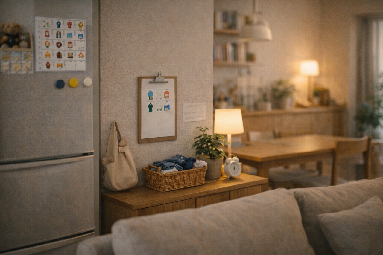 冷蔵庫や壁に“朝の流れ”をイメージできる小物が置かれたリビング