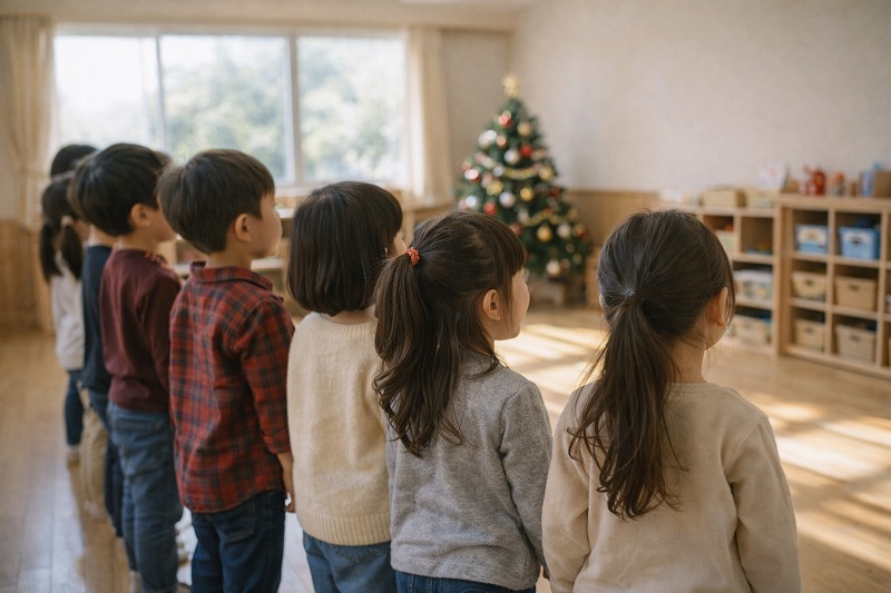育園の広い保育室で、クリスマス会に向けて歌の練習をする子どもたちの後ろ姿。