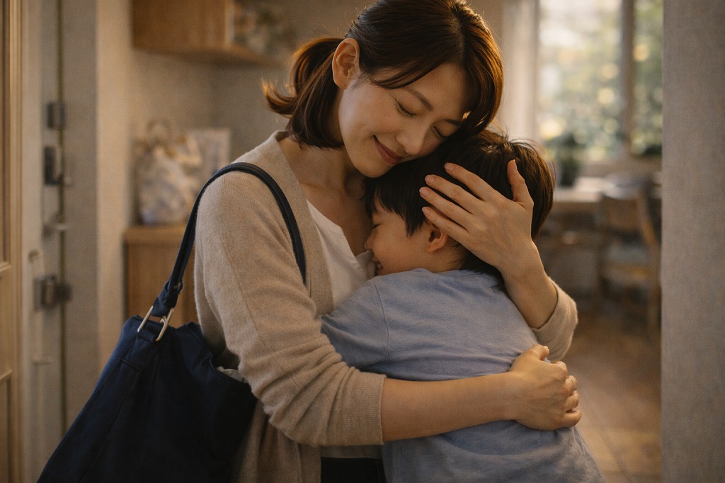 帰宅後に甘える子どもを抱きしめて受け止める共働き家庭の親子