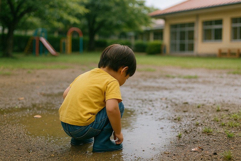 雨上がりの園庭で、地面をのぞき込む子どもの後ろ姿