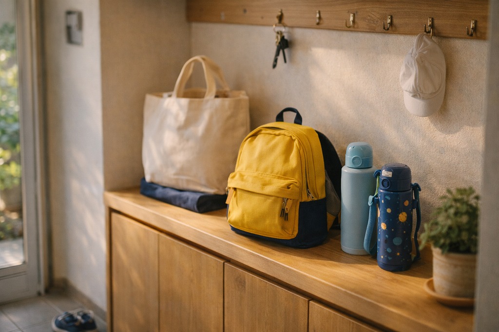 共働き家庭の朝をラクにするため、持ち物を定位置にまとめた玄関周り