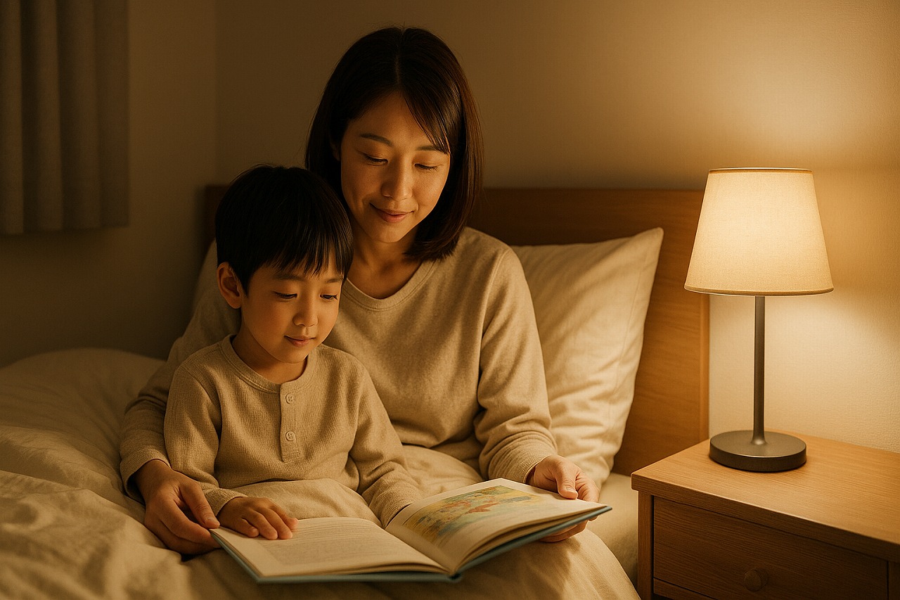 布団の上で親子が寄り添って絵本を読む様子。温かい照明に包まれ、気持ちが落ち着く静かな寝る前の時間が伝わるシーン。
