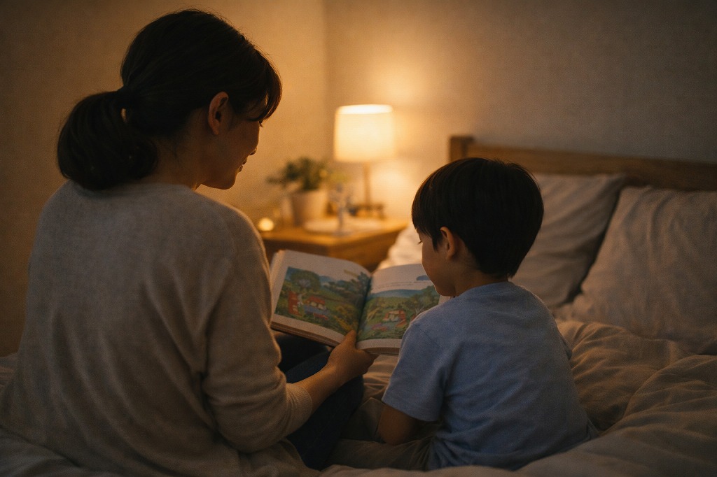 寝る前に絵本を読み、短い時間でも安心を作る共働き家庭の親子