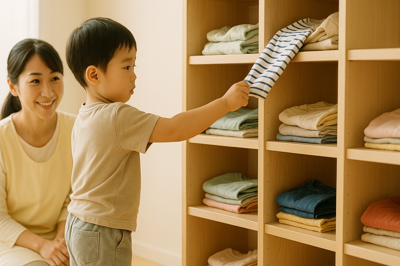 子どもが自分で身支度に挑戦し、保育士が距離を置いて見守っている状況を示す写真。