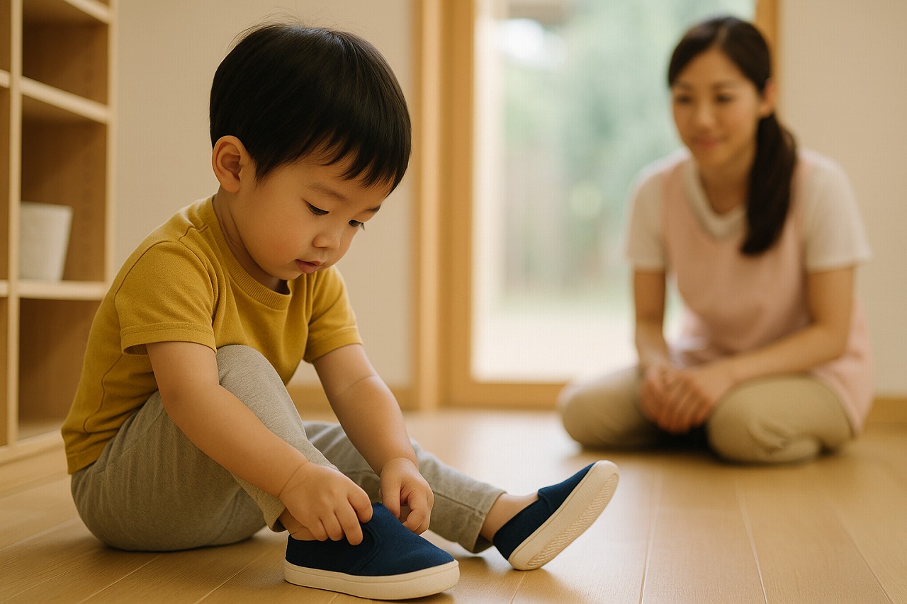 子どもが自分で身支度に挑戦し、保育士が距離を置いて見守っている状況を示す写真。