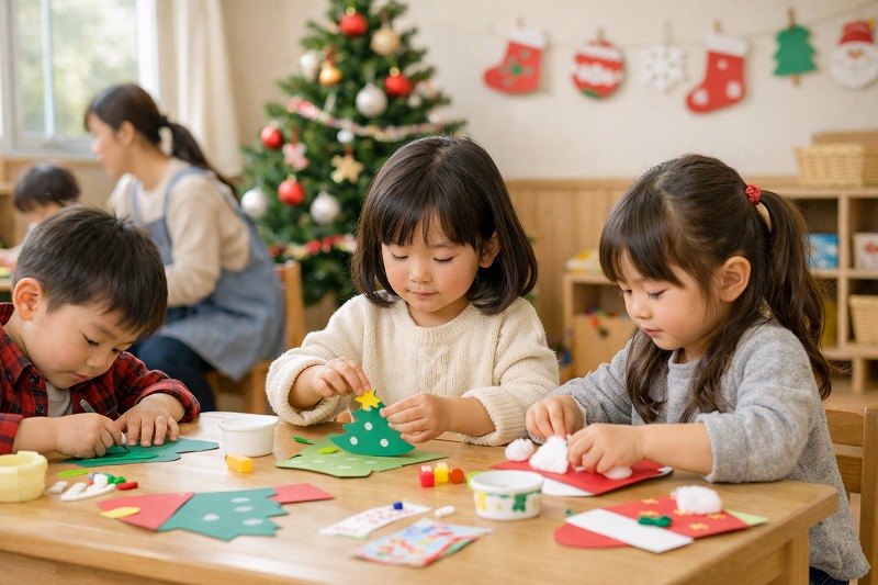 保育園のクリスマス会準備で制作活動を楽しむ子どもたちの様子