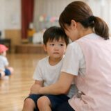 保育園の行事で不安そうな子どもに寄り添う保育士の後ろ姿が、やさしい光の中で写っている写真。