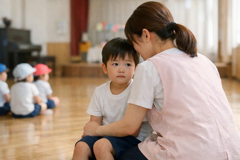 保育園の行事で不安そうな子どもに寄り添う保育士の後ろ姿が、やさしい光の中で写っている写真。
