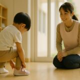保育園の玄関で、子どもが自分の靴を履こうとし、近くで保育士が見守っている光景。朝の自然光の中、子どもが自立に向けて頑張る姿をやさしく捉えた写真。