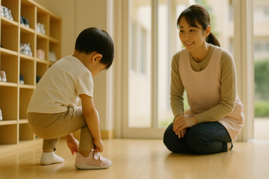 保育園の玄関で、子どもが自分の靴を履こうとし、近くで保育士が見守っている光景。朝の自然光の中、子どもが自立に向けて頑張る姿をやさしく捉えた写真。