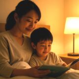 寝室で親子がスタンドライトの柔らかい光に包まれて絵本を読んでいる様子。落ち着いた表情で寄り添いながら過ごす、眠る前の安心感に満ちたひととき。