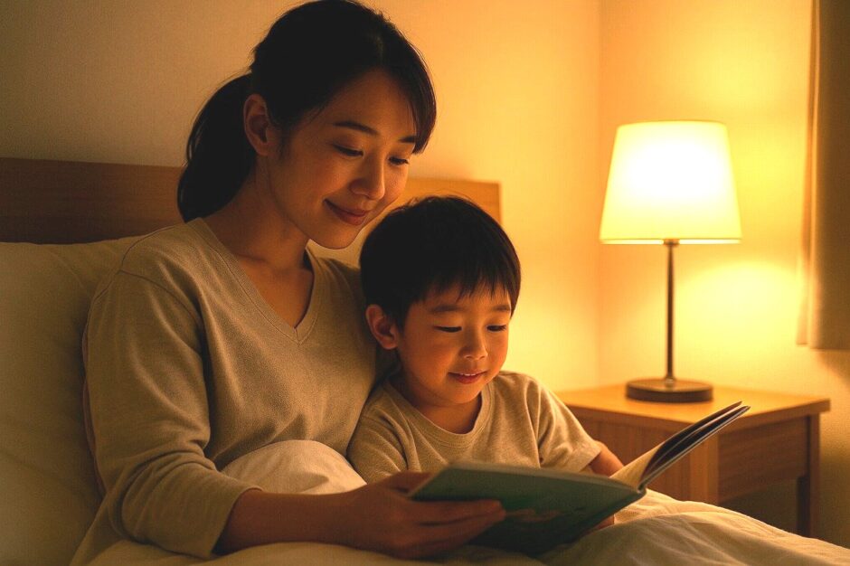寝室で親子がスタンドライトの柔らかい光に包まれて絵本を読んでいる様子。落ち着いた表情で寄り添いながら過ごす、眠る前の安心感に満ちたひととき。