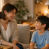 共働き家庭の忙しい一日の終わりに、親子が笑顔で向き合う安心感のある日常の様子