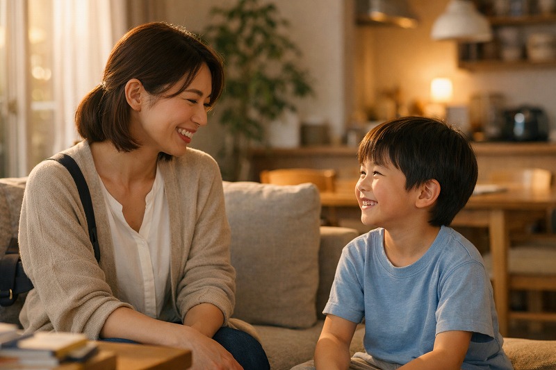 休日に家でのんびり過ごす親子(ソファ・自然光)