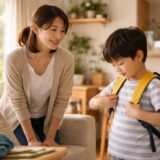 共働き家庭の朝、子どもの身支度を見守りながら声をかける保護者の穏やかな日常