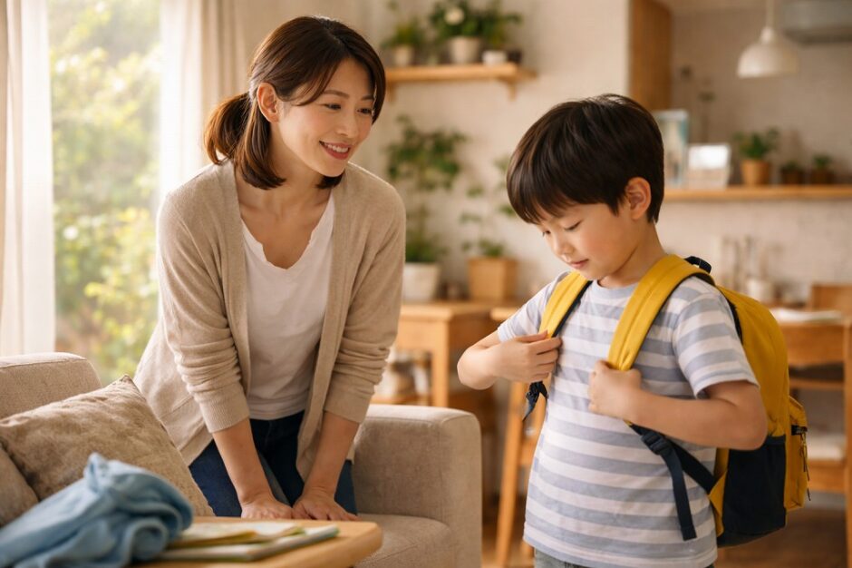 共働き家庭の朝、子どもの身支度を見守りながら声をかける保護者の穏やかな日常