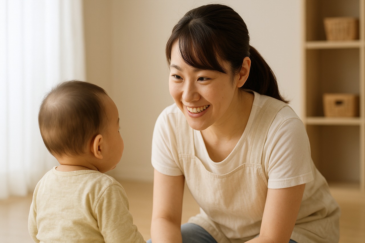 室内で保育士が赤ちゃんと目を合わせ、優しく微笑んでいる様子を写した画像。