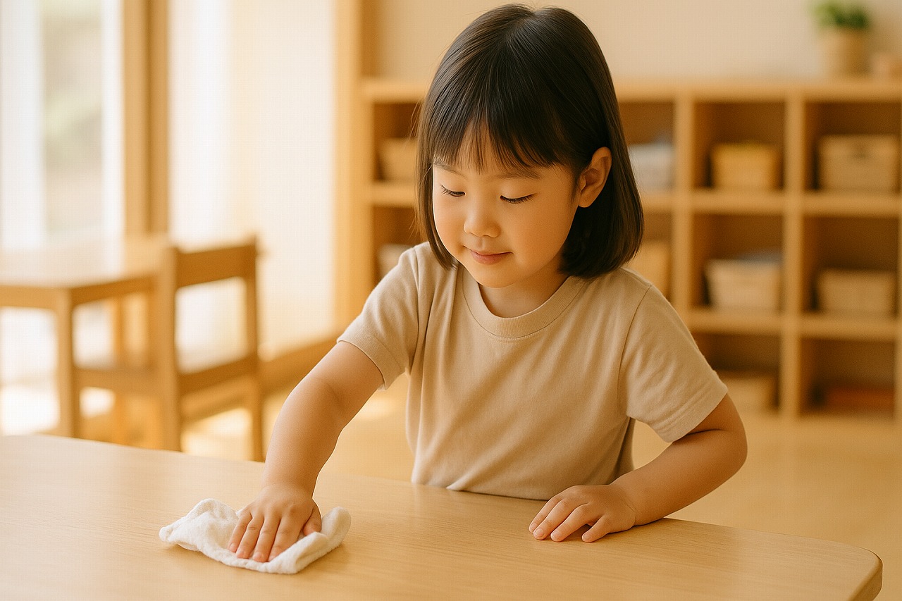 年長児がテーブル拭きなどの簡単な仕事をしている姿を写した写真。