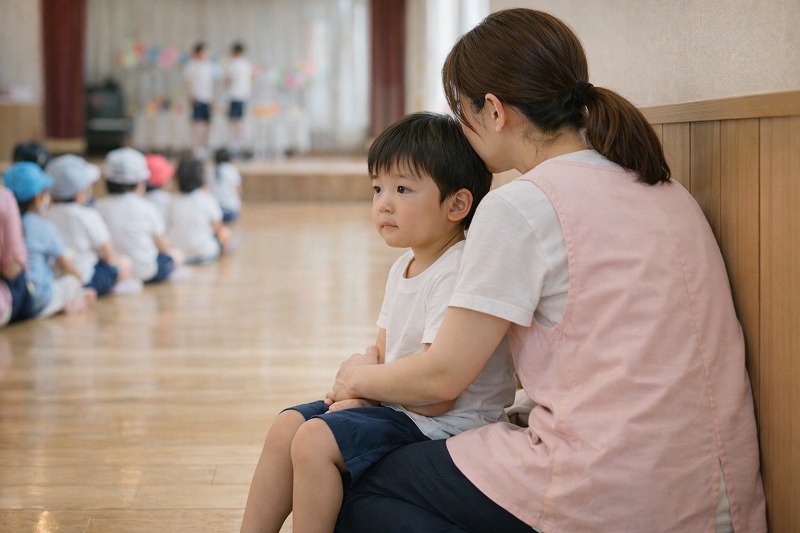 保育園の行事会場で、緊張した表情の子どもに保育士がそっと寄り添い、安心できる距離で一緒に座っている様子。