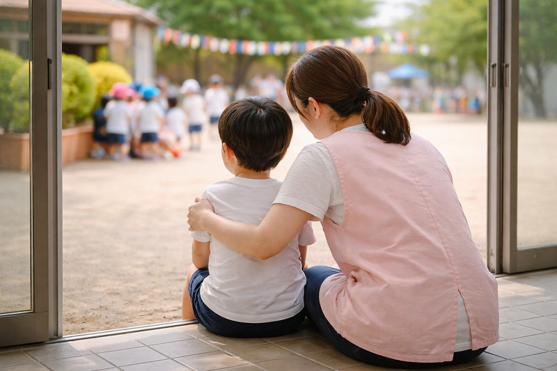 保育園の行事会場で、緊張した表情の子どもに保育士がそっと寄り添い、安心できる距離で一緒に座っている後ろ姿。
