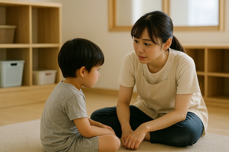 保育園で、保育士が子どもの気持ちに寄り添いながら静かに話を聞いている様子