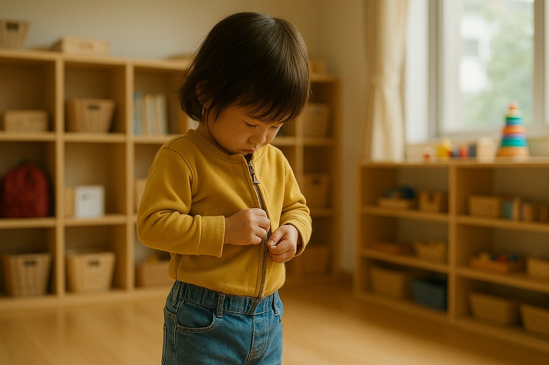 保育園の室内で、自分で身支度をしようと真剣に取り組む子どもの後ろ姿