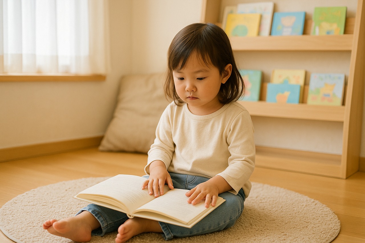 絵本コーナーで気持ちを切り替えている幼児。落ち着いた環境で安心して過ごしている様子が伝わる場面。