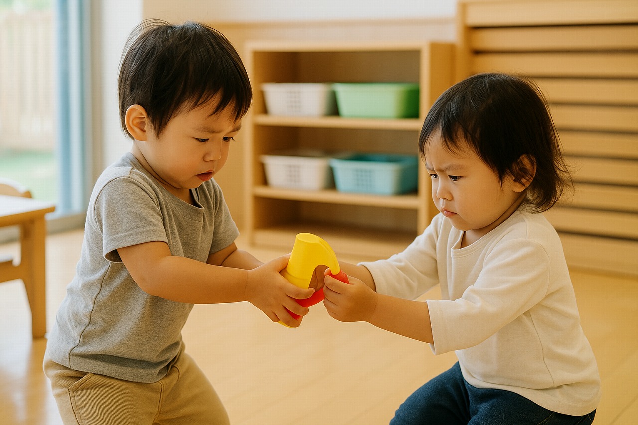 おもちゃを巡って取り合いになっている幼児たちの様子。距離をとった安全な構図で、気持ちの衝突が生まれる瞬間を表す場面。