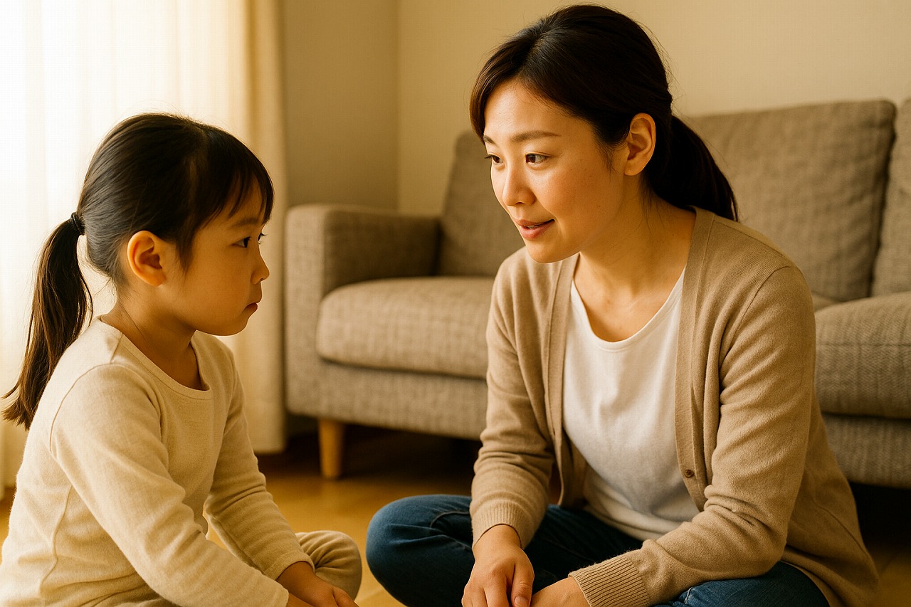 癇癪が収まった後、親子が落ち着いて向き合い、気持ちを確かめ合っている場面。安心感のある家庭の雰囲気が伝わる構図。