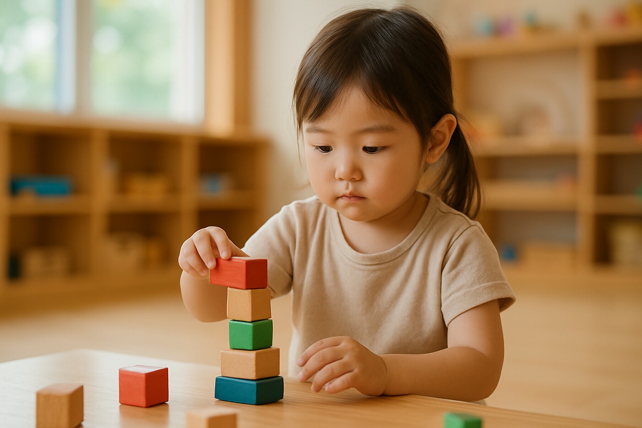 積み木遊びの最中、集中が途切れて表情が曇り始めた幼児。癇癪の前兆があらわれている様子を静かに切り取った場面。